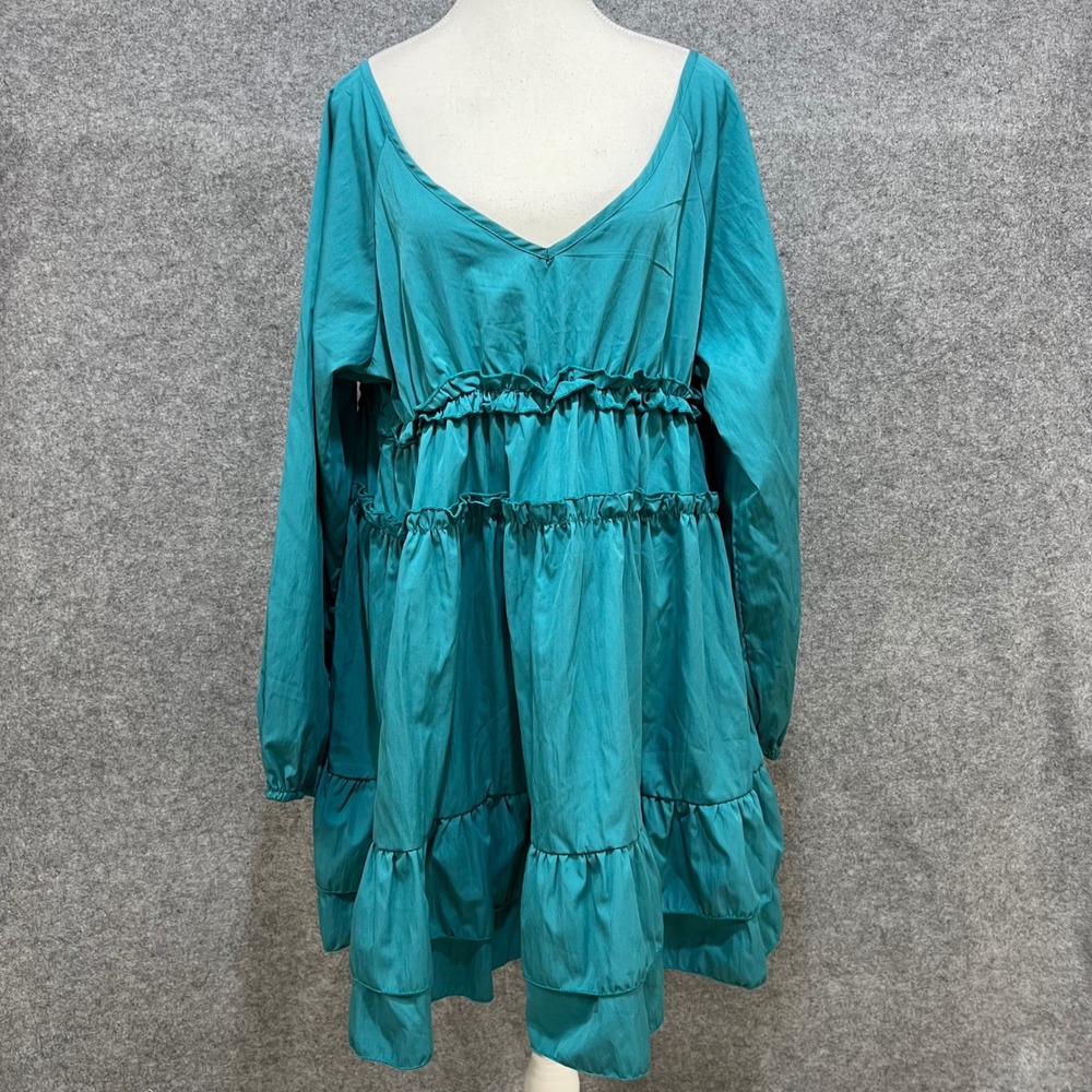 Teal Tiered Ruffle V‎ Neck Long Sleeve Tunic Dress Plus Size XXL